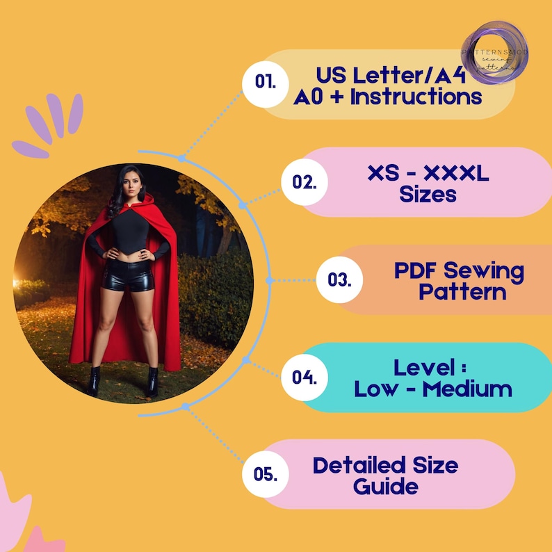 May include: A digital illustration of a woman wearing a red cape and black shorts. The image is surrounded by a circle with a yellow background. The text "US Letter/A4 A0 + Instructions" is in a pink rectangle. The text "XS - XXXL Sizes" is in a pink rectangle. The text "PDF Sewing Pattern" is in a blue rectangle. The text "Level: Low - Medium" is in a blue rectangle. The text "Detailed Size Guide" is in a pink rectangle.