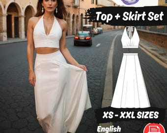Halter Neck Top Flared Maxi Skirt Sewing Pattern Set V Neck Cropped Shirt Project