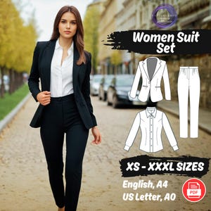Patrón de costura para conjunto de traje de mujer, blazer, camisa, pantalones. Proyecto de costura para principiantes.