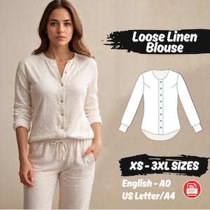 Frauen Leinen Loungewear Bluse Schnittmuster Knopf-Shirt-Muster, Sommer lose Bluse Top PDF-Muster, Anfänger-Muster