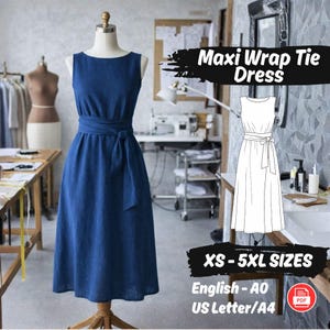 Peut inclure: Une robe longue sans manches, de type portefeuille, de couleur bleu foncé, présentée sur un mannequin. La robe est dotée d'une taille nouée et d'une jupe fluide. Le texte sur l'image indique "Maxi Wrap Tie Dress" et "XS-5XL SIZES".