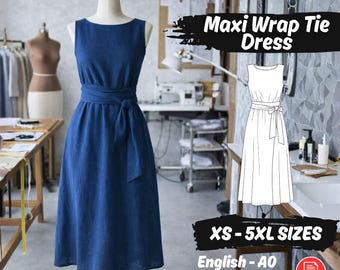Wickelkleid Schnittmuster Maxi Leinenkleid mit Taschen und Gürtelwickel-Verschluss Schnittmuster