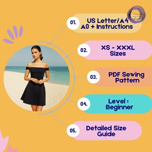 May include: A black off-the-shoulder dress is featured in this image, with text indicating it's a PDF sewing pattern. The pattern includes sizes XS-XXXL, instructions, and a detailed size guide. The level is beginner.