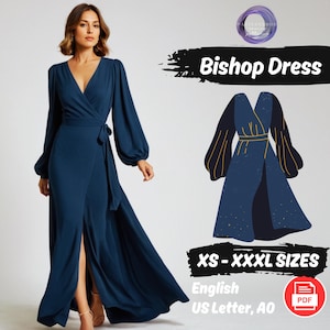 Könnte beinhalten: Ein blaues Wickelkleid mit langen Ärmeln und einem Bindegürtel. Das Kleid hat einen Schlitz vorne und ein Sternenmuster. Das Kleid wird an einem Model gezeigt. Das Bild enthält auch Text, der "Bishop Dress" und "XS-XXXXL Sizes" lautet. Der Text "English US Letter, AO" und ein PDF-Symbol sind ebenfalls enthalten.