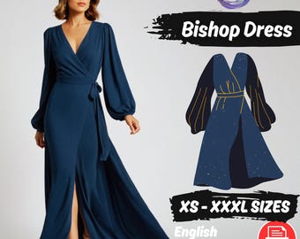 Wrap Dress Sewing Pattern, Bishop Sleeve Maxi Dress (PDF Pattern)