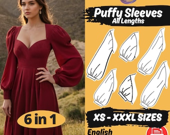 Bundle di modelli di cucito per maniche a sbuffo / Set di 6 modelli di maniche a vescovo / Modello di cucito per blocchi di maniche a palloncino / Modello per maniche a lanterna XS - 3XL