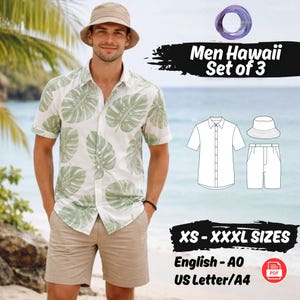 May include: A man wearing a beige bucket hat, a white shirt with green leaf patterns, and khaki shorts. The image includes a graphic of a shirt, shorts, and hat, with the text "Men Hawaii Set of 3" and size options.