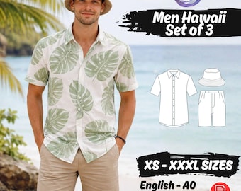 Männer Hawaii Outfit Set Schnittmuster, Sommer Shirt, Reversible Bucket Hat, Leinen Casual Shorts