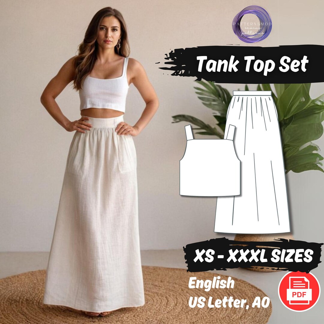 Linen Tank Top and Maxi Skirt Sewing Pattern Set Women Summer Outfit ...