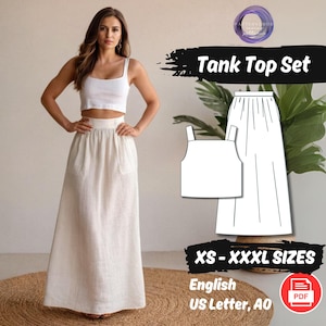 Leinen Set Schnittmuster Tank Top Maxi Rock Schnittmuster, Quadrat Riemen Ausschnitt Crop Top, Schnittmuster Taschen Langer Leinen Rock, ärmelloses Top