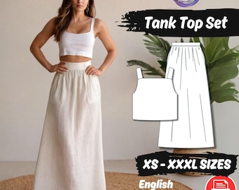 リネンのタンクトップとマキシスカートの縫製パターンセット（女性用夏服PDFパターン）