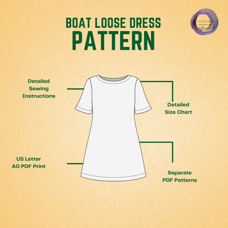 Linen Mini Dress Sewing Pattern, Flare Sleeve Dress with Boat Neckline Instant Download Tutorial image 4