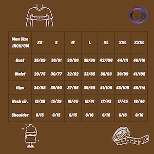 May include: A brown size chart for men's clothing, with measurements in inches and centimetres. Sizes range from XS to XXXL, detailing bust, waist, hips, neck circumference, and shoulder measurements. Includes a diagram of a torso and a measuring tape.
