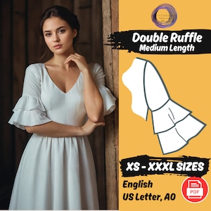May include: A digital sewing pattern for a double ruffle dress in white. The pattern includes sizes XS-XXXL and is available in English, US Letter, and A0 formats. The pattern is in PDF format.