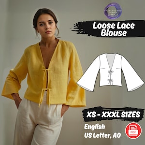 Könnte beinhalten: Ein digitales Schnittmuster für eine lockere Spitzenbluse mit Schleife vorne. Das Schnittmuster ist in den Größen XS-XXXL erhältlich und wird auf A4-Papier in englischer Sprache gedruckt.