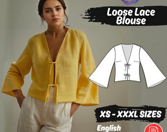 Flared Sleeve Linen Blouse Sewing Pattern, Lace Crop Top Tutorial, Oversized Shirt PDF Pattern