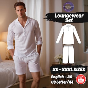 May include: A white loungewear set featuring a long-sleeved shirt and shorts. The set is available in sizes XS-XXXL and comes as a digital PDF pattern. The pattern is in English and is printed on A4 or US Letter paper.