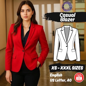 Puede incluir: Una mujer con una blazer roja brillante con un botón, combinada con una parte superior y pantalones negros. La imagen incluye un dibujo de un blazer y el texto "Casual Blazer" y "XS - XXXL SIZES".