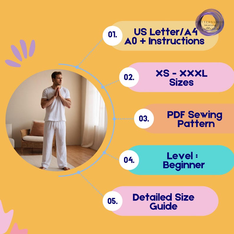Men Loungewear Set Sewing Pattern, Pajama Shirt and Pants with Pockets PDF Pattern image 5