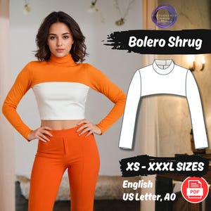 May include: A digital sewing pattern for a white bolero shrug with long sleeves. The pattern includes sizes XS-XXXXL and is available in English, US Letter, and A0 formats. The pattern is shown on a white background with the text "Bolero Shrug" and "XS-XXXXL SIZES" in black.