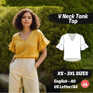 Op de afbeelding: Een digitaal naaipatroon voor een tanktop met V-hals en geruite mouwen. Het patroon omvat de maten XS-3XL en is beschikbaar in het Engels in de formaten A0, US Letter en A4. Het patroon is in PDF-formaat.