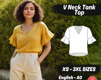 V Neck Tank Top Sewing Pattern, Women Flare Sleeve Loose Blouse Pattern, Summer Oversized Linen Shirt Pattern, Beginner Pattern