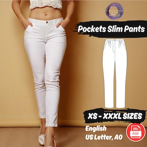 May include: A digital sewing pattern for pockets slim pants. The pattern includes sizes XS-XXXXL and is available in English, US Letter, and A0 formats. The pattern is for a pair of pants with pockets and a slim fit.