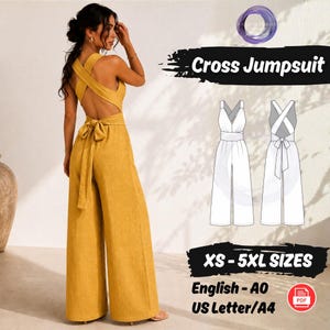 Peut inclure: Combinaison-pantalon croisée jaune moutarde avec des jambes larges et un nœud dans le dos. L'image montre également un dessin au trait de la combinaison et le texte "Cross Jumpsuit" et "XS-5XL SIZES".