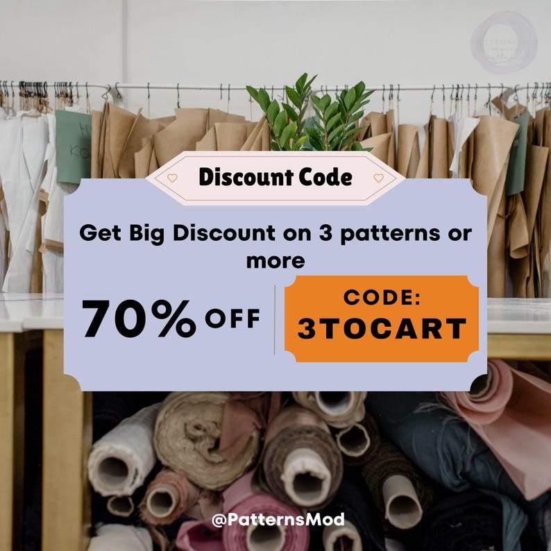 May include: An image promoting a discount on patterns. The text reads "Discount Code" and "Get Big Discount on 3 patterns or more." It shows 70% off with the code "3TOCART." Rolls of fabric are visible in the foreground.