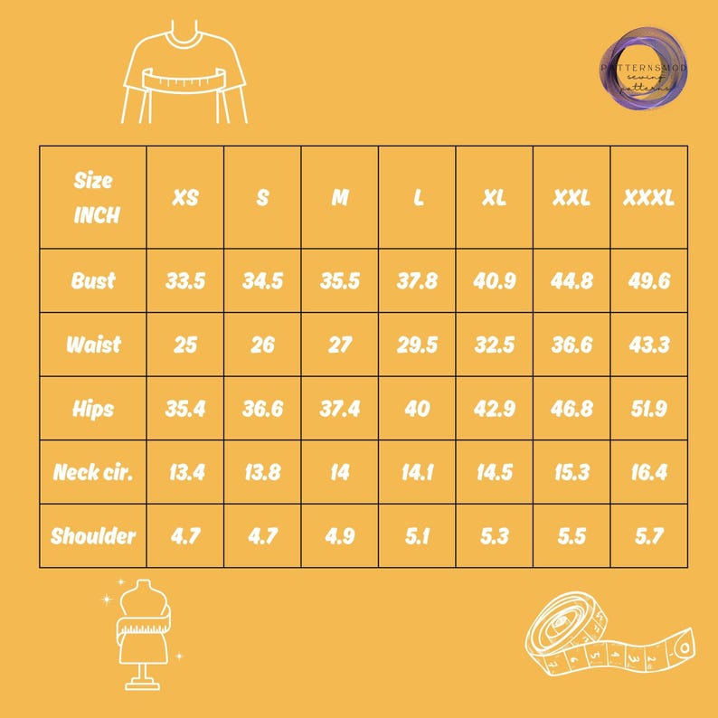May include: A size chart in a grid format, with measurements in inches for bust, waist, hips, neck circumference, and shoulder. Sizes range from XS to XXXL. The chart is on a yellow background with a logo in the upper right corner.