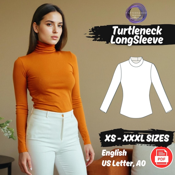 Turtleneck Blouse Sewing Pattern, Women's Mock Neck Top PDF Pattern