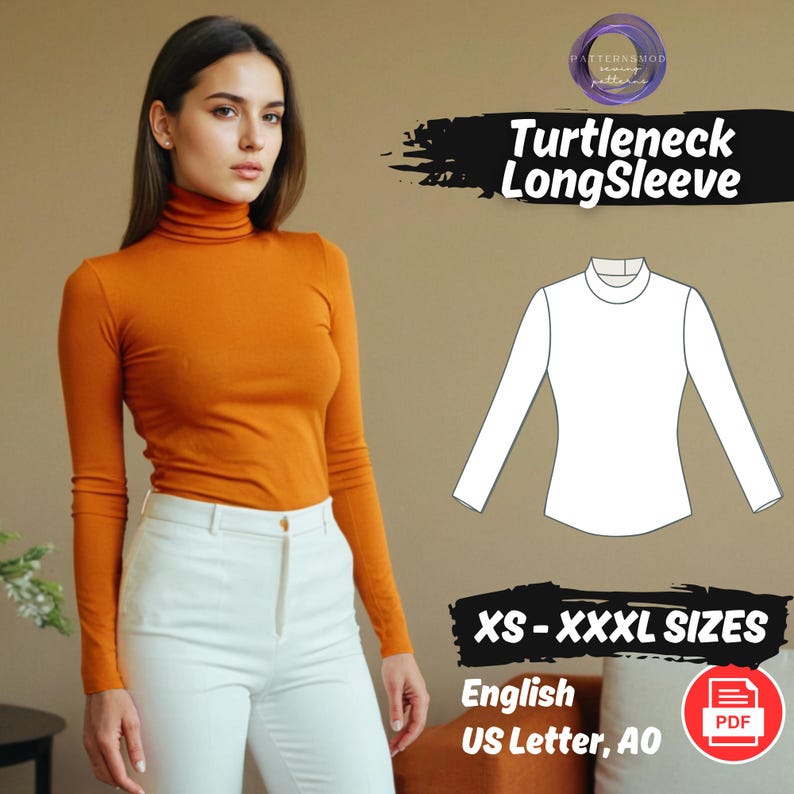 Turtleneck Blouse Sewing Pattern, Women's Mock Neck Top PDF Pattern image 1