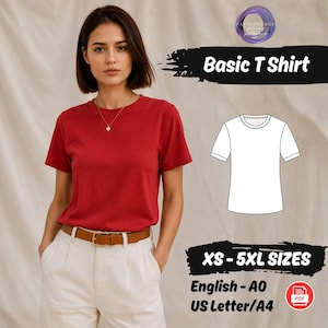 May include: A red short-sleeved t-shirt with a crew neckline. The image includes a white line drawing of the t-shirt pattern, the text Basic T Shirt, XS - 5XL SIZES, English - A0, US Letter/A4, and a red PDF icon on a textured background.