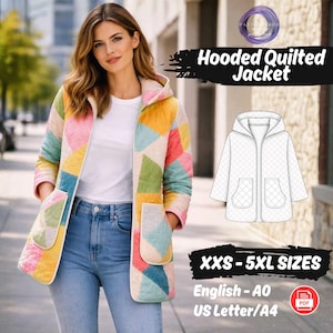 Hooded Jacket Sewing Pattern Pockets Patchwork Quilted Coat Sewing Tutorial XXS-5XL Download