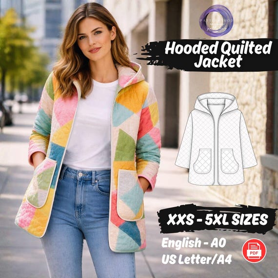Hooded Jacket Sewing Pattern Pockets Patchwork Quilted Coat Sewing Tutorial XXS-5XL Download