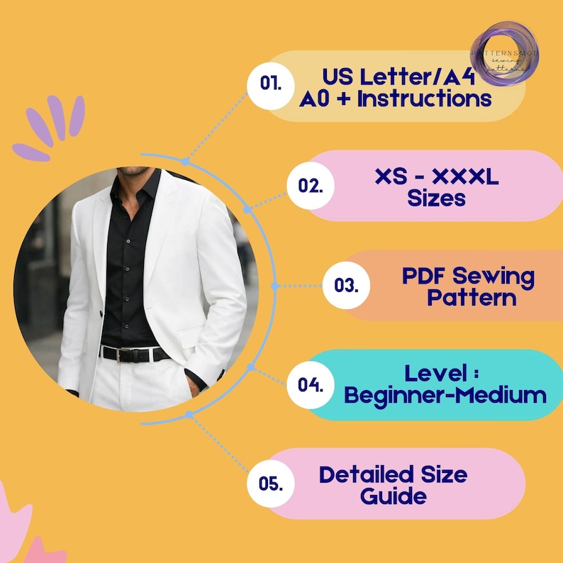 May include: A white suit with a black shirt and belt is shown. The image includes text stating "US Letter/A4 A0 + Instructions", "XS - XXXL Sizes", "PDF Sewing Pattern", "Level: Beginner-Medium", and "Detailed Size Guide".