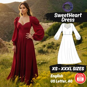 K&ouml;nnte beinhalten: Eine Frau tr&auml;gt ein bordeauxfarbenes SweetHeart-Kleid mit quadratischem Ausschnitt und langen, puff&auml;rmeligen &Auml;rmeln. Das Kleid hat ein eng anliegendes Oberteil und einen flie&szlig;enden Rock. Das Bild enth&auml;lt auch eine Musterzeichnung und den Text "SweetHeart Dress" und "XS - XXXL SIZES".
