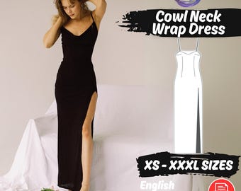 Cowl Neck Maxi Slit Dress Sewing Pattern, Beginner Friendly Split Prom Dress