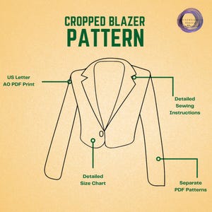 Op de afbeelding: Lijntekening van een gecropt blazerpatroon met de tekst "CROPPED BLAZER PATTERN". Bevat labels voor US Letter/AO PDF Print, gedetailleerde naaiaanwijzingen, gedetailleerde maattabel en aparte PDF-patronen. De achtergrond is lichtbruin.