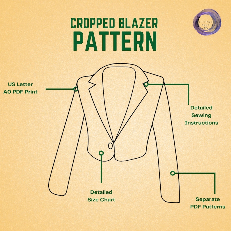 Op de afbeelding: Lijntekening van een gecropt blazerpatroon met de tekst "CROPPED BLAZER PATTERN". Bevat labels voor US Letter/AO PDF Print, gedetailleerde naaiaanwijzingen, gedetailleerde maattabel en aparte PDF-patronen. De achtergrond is lichtbruin.