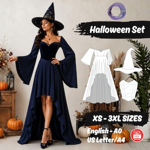 May include: A dark blue high-low dress with long bell sleeves and a sweetheart neckline, paired with a matching pointed witch hat featuring celestial gold patterns. The image includes a technical line drawing of the dress and hat pattern.