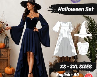Conjunto de patrones de costura para disfraz de bruja de Halloween: sombrero de mago, tutorial, vestido con mangas acampanadas y corsé sobre el busto.