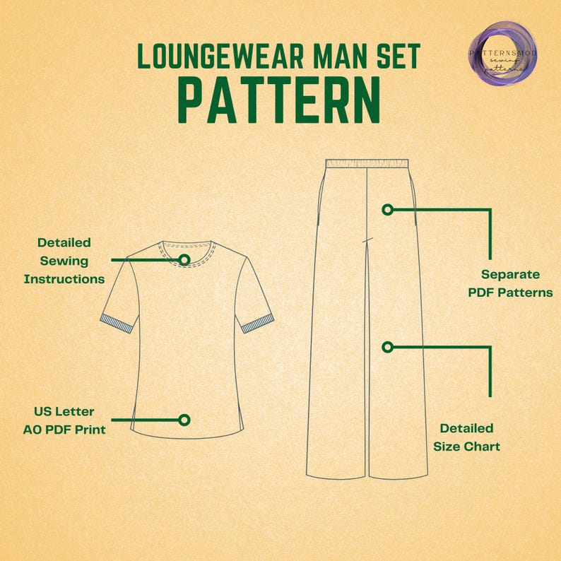 Men Loungewear Set Sewing Pattern, Pajama Shirt and Pants with Pockets PDF Pattern image 3