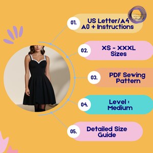 Peut inclure: Une illustration graphique d'un patron de robe avec une robe noire sur un mannequin. Le graphique comprend une liste de caract&eacute;ristiques&nbsp;: US Letter/A4 A0 + Instructions, XS - XXXL Tailles, Patron de couture PDF, Niveau&nbsp;: Moyen, Guide des tailles d&eacute;taill&eacute;.