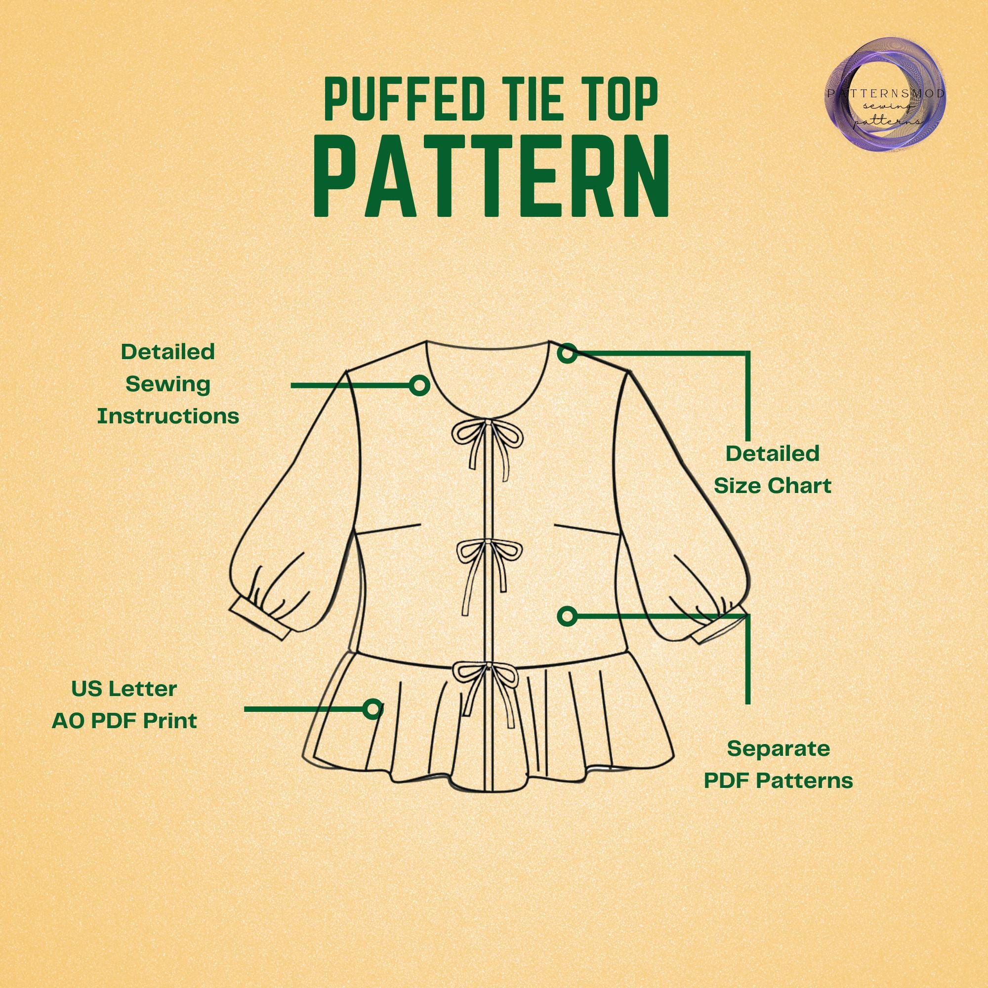 Puffed Sleeve Peplum Top Sewing Pattern | Front Tie, XS-XXXL Blouse PDF ...