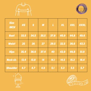 May include: A size chart for clothing with measurements in inches for bust, waist, hips, neck circumference, and shoulder width. The chart includes sizes XS, S, M, L, XL, XXL, and XXXL.