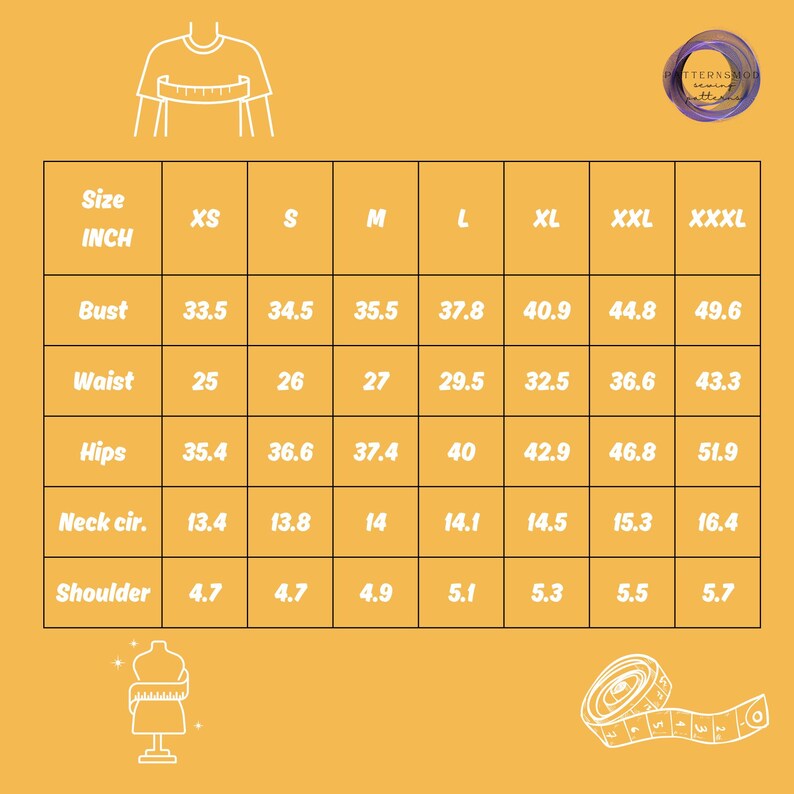 May include: A size chart for clothing with measurements in inches for bust, waist, hips, neck circumference, and shoulder width. The chart includes sizes XS, S, M, L, XL, XXL, and XXXL.