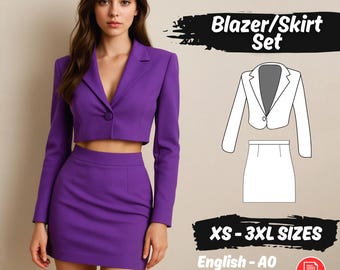 Women Cropped Set Sewing Pattern | Crop Blazer PDF Pattern | High Waist Mini Skirt Tutorial
