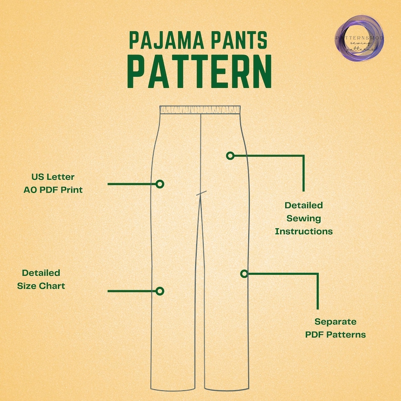 Women's Pajama Pants Sewing Pattern, Loose Fit Loungewear PDF Pattern image 3