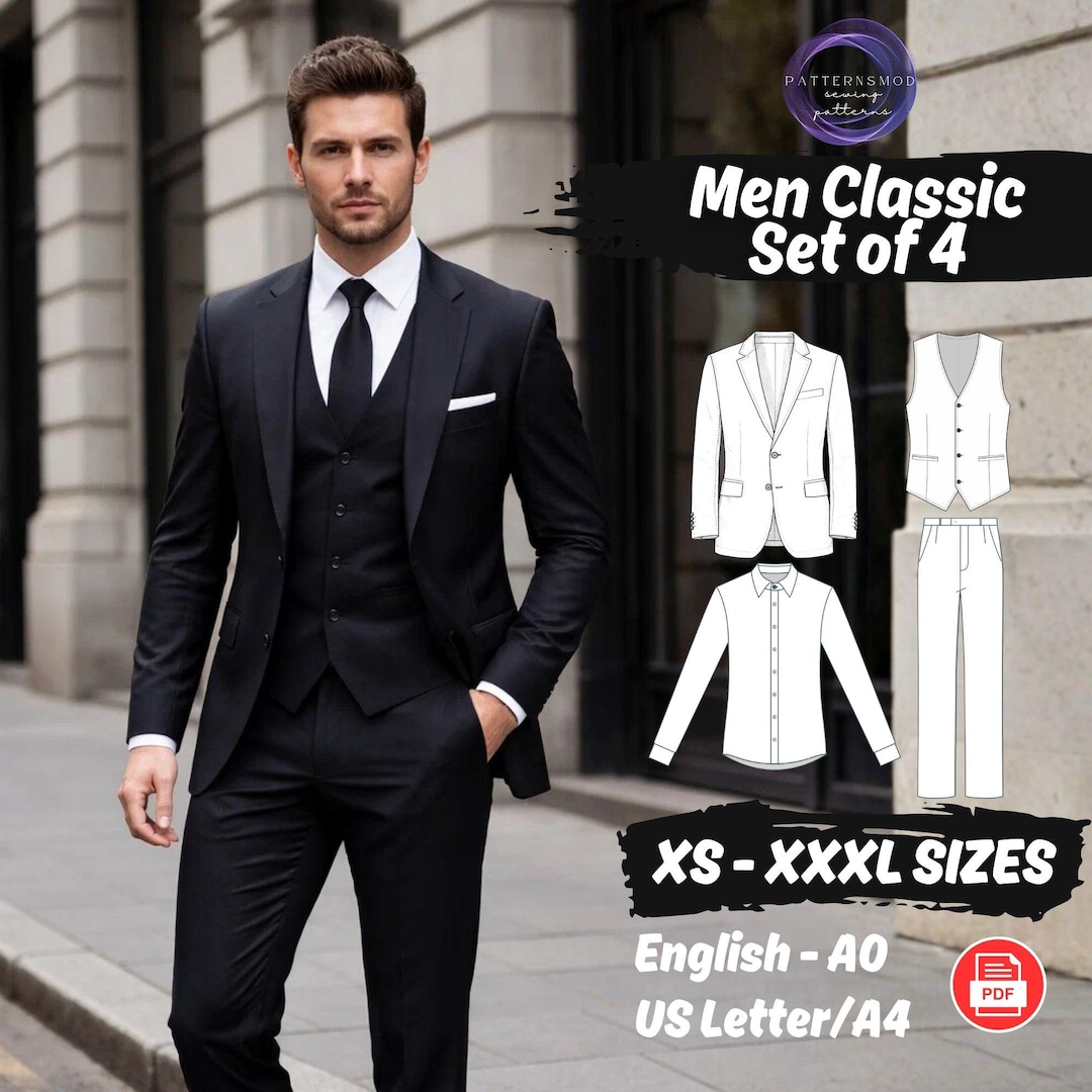 Men Suit Bundle Sewing Pattern, Blazer, Waistcoat Vest, Shirt, Pants PDF Download Pattern